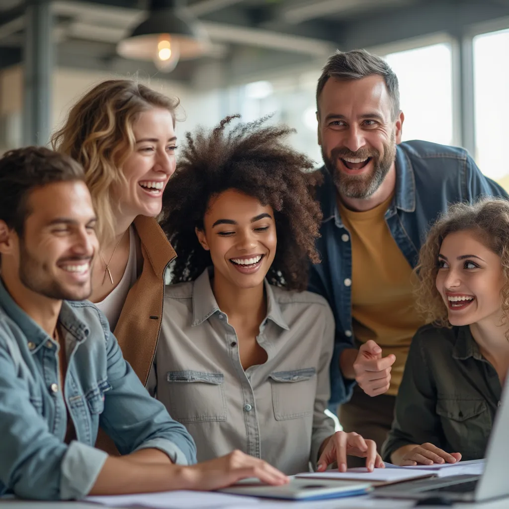 Equipo diverso y sonriente colaborando en una oficina moderna